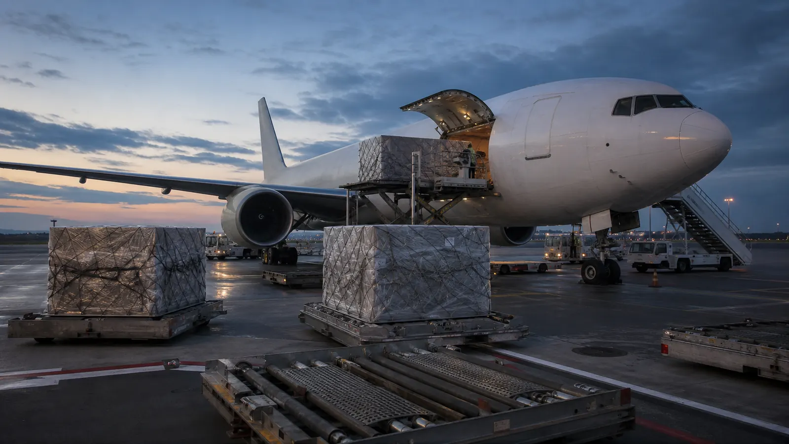 An unbranded freighter loading unit load devices before dawn