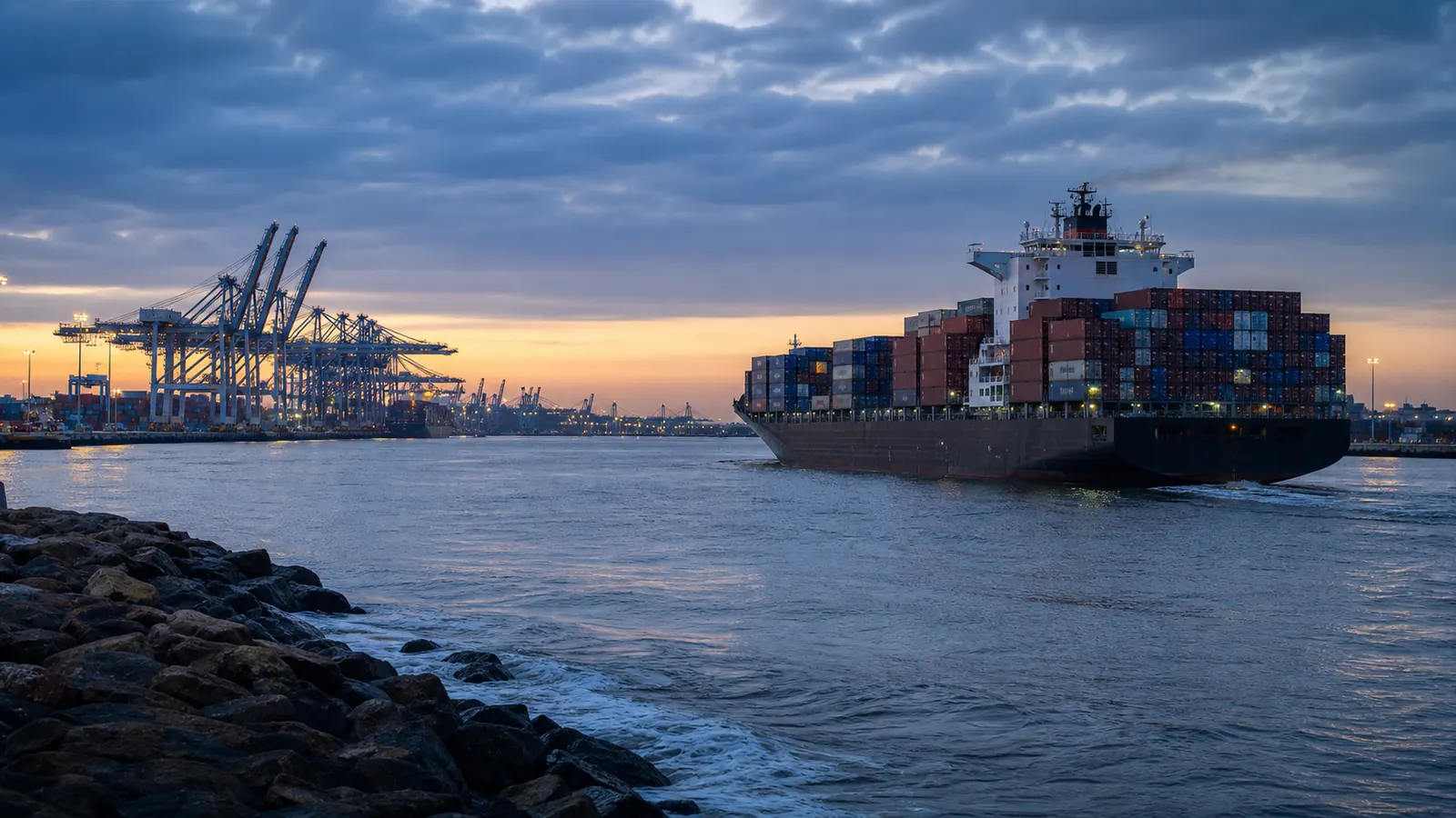 An ocean-going container vessel departing a large freight port